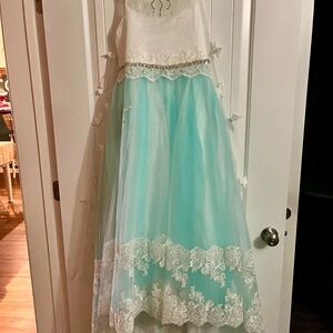 Elegant White and Aqua Lace Kids Pageant Dress